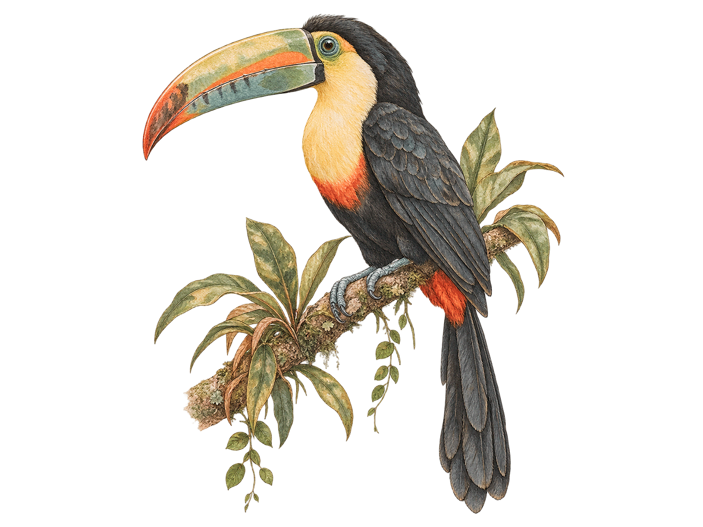 Ilustración de tucán y fauna en Blue Tierra Lamas